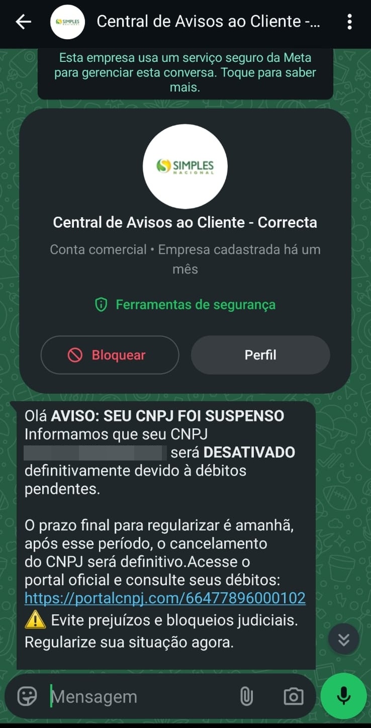 Exemplo de golpe envolvendo Simples Nacional, MEI ou regularização de CNPJ